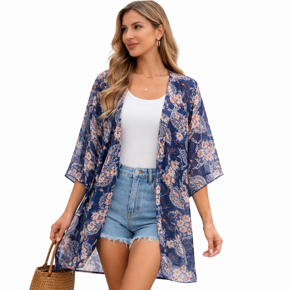 Paisley Kimono Cardigan Boho Duster Open Front Blue Medium